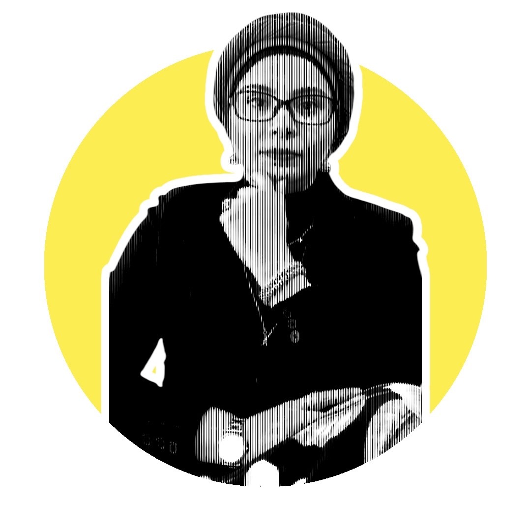 A woman with glasses and a headscarf resting her chin on her hand, set against a yellow circular background.